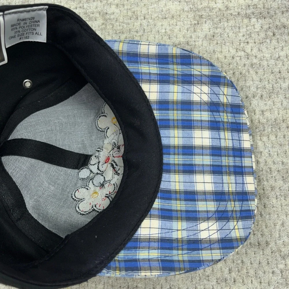 Vintage Disney‎ Hat Cap Womens Stretch Fit Black Blue Plaid Mickey Mouse 90s Y2K